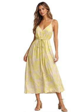 GAP Neon Yellow Floral Midi/ Maxi Dress, Convertible Tie Waist Cotton Dress 🌼